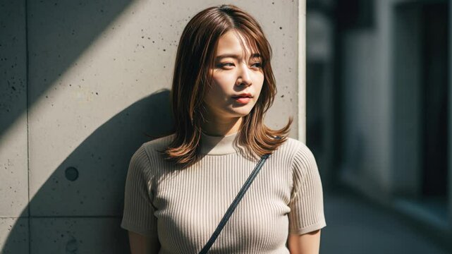 路地裏でバッグを斜めがけし思索する女性