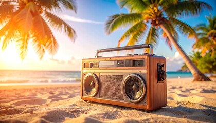 Retro radio on tropical beach at sunset