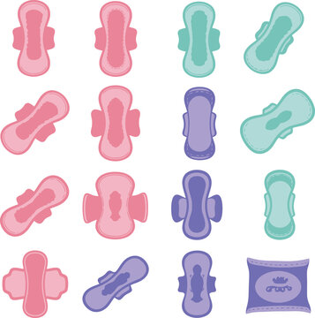 Purple Menstrual Pad & Feminine Hygiene Product Collection: Vector Illustration Set, Isolated on White. Health, Personal Care, Period, Sanitary Napkin & Tampon Packaging Design.