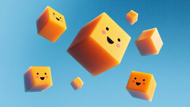 Colorful smiling cubes floating against a clear blue sky in a cheerful creative animation