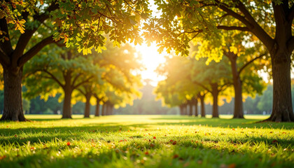 Fototapeta premium Golden hour illuminating lush green grass in a park with autumnal trees