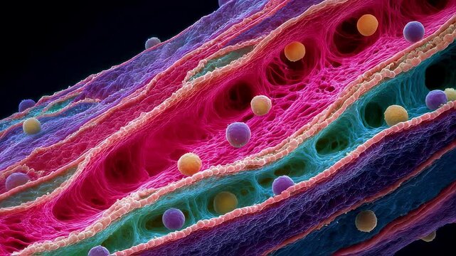 Microscopic view of colorful pollen grains navigating through the intricate structure of a plant pistil, showcasing the fascinating process of plant reproduction