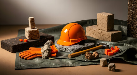 Fototapeta premium Construction Still Life With Hardhat Blocks And Gloves On Protective Sheeting