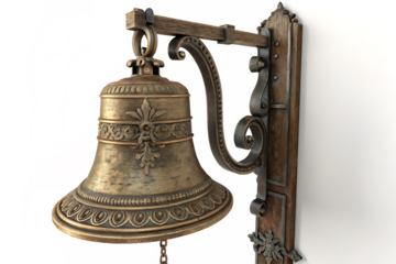 Detailed brass bell mounted on a wall, AI Generated by PNG