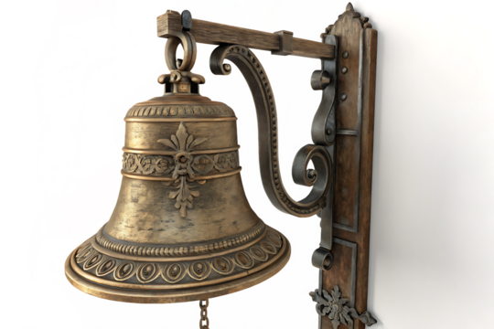 Detailed brass bell mounted on a wall, AI Generated by PNG