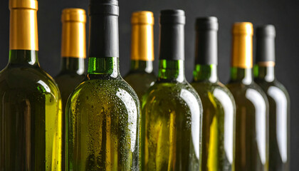 Cold wine bottles covered with condensation standing in a row