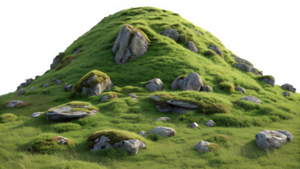 A highly detailed, realistic illustration of a rounded, moss-covered mountain rising from a pure white background. The mountain is blanketed in vibrant green grass and moss, with scattered gray rock o