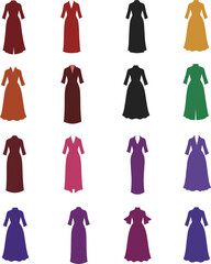 Vector Illustration: Diverse Collection of Elegant Medieval Fantasy Gowns and Historical Dresses for Fashion, Costume Design & Themed Projects.