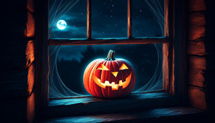 Leuchtender Halloween-Kürbis mit gruseligem Gesicht sitzt auf einer Fensterbank, Mondschein und Spinnweben im Hintergrund – düstere Nachtstimmung. Generative KI