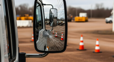 Accident Aftermath Broken Side Mirror On Heavy Equipment Lot In Perspective View