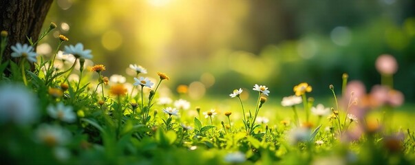 Obraz premium Serene Sun-Drenched Garden Lush Greenery, Blooming Flowers, Peaceful Meditation Scene