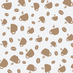 Coffee cup and beans seamless pattern. Hand-drawn doodle illustration in brown and white