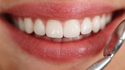 A patient displays a healthy smile with well-aligned teeth while sitting in a dental clinic. A dental mirror is held by a dentist, emphasizing oral health.