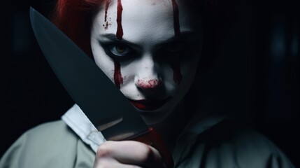 Portrait of a scary clown with a knife on a dark background. Halloween theme. Evil Clown. Horror movie Concept. Halloween Concept with Copy Space.