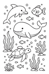Dolphin, whale, turtle and fish swim underwater among seaweed, bubbles and coral reef. Perfect for kids. 