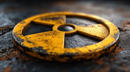 A bright yellow radiation symbol is prominently displayed on a rusty metallic surface, suggesting a hazardous area. The surrounding texture enhances the industrial feel of the scene.