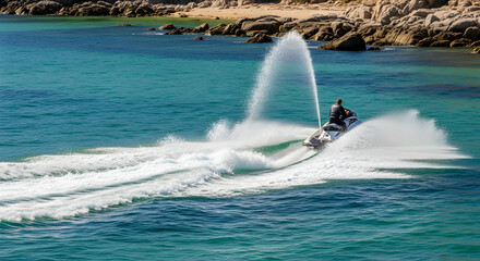 Obraz premium Adventurous Watercraft Riding Across Turquoise Sea Near Rocky Coastline During Summer