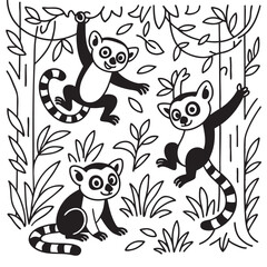Adorable lemurs swinging and sitting in lush jungle with tropical plants. Perfect for kids coloring pages. 