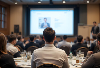 Man Watching Presentation On Large Screen At Conference