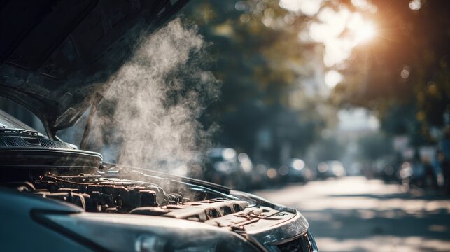 Smoke rises from an open car hood parked on a busy street as golden sunlight filters through trees, creating a warm atmosphere in the late afternoon.