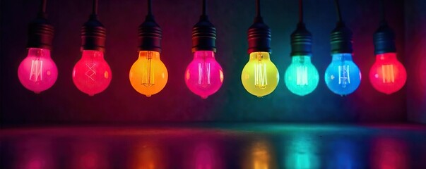 Vibrant Light Bulbs Illuminate Dark Room, Casting Dynamic Shadows Creative Energy & Innovation Concept