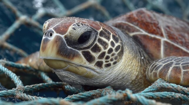 A green sea turtle is caught in a fishing net, resting against the mesh. The ocean water shimmers in the background, highlighting the turtle's intricate shell patterns during the day.