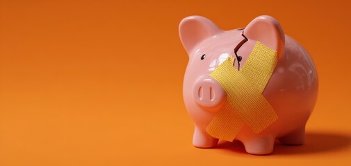 The broken piggy bank with yellow tape symbolizes financial hardship and repair.