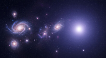 A view of multiple galaxies and a bright star in the vast expanse of outer space and the universe