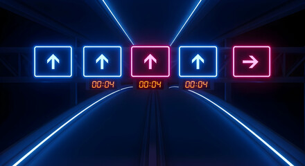 Cyberpunk Guidance In The Futuristic Tunnel With Neon Lights And Navigation Arrows