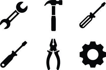 Black and white icons: wrench, hammer, screwdriver, pliers, gear; repair, maintenance, DIY concept.