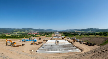 Bridge Construction Site Overlooking Rolling Hills And Distant Urban Landscape