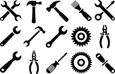 Black and white tool icons: wrenches, hammers, pliers, and screwdrivers; repair, DIY, and maintenance concept.