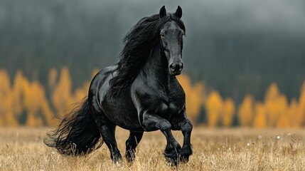 Black horse galloping in autumnal field