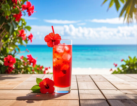 Refreshing summer fruit cocktails on a sunny beach with clear blue water and tropical flowers