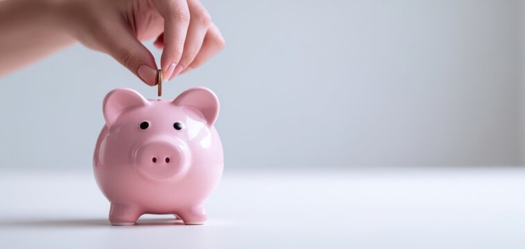 The hand inserting a coin into a pink piggy bank for savings.