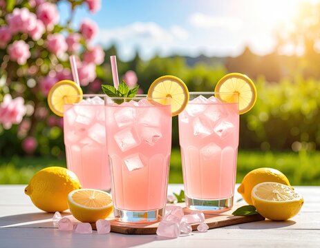 Pink lemonade drinks outdoors