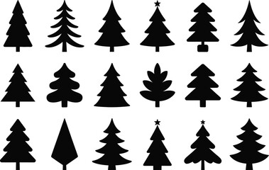 Collection of Simple Black Silhouette Christmas Tree Icons: Festive, Minimalist Design