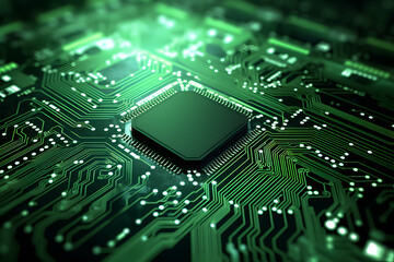Fototapeta premium Cyber Circuit's Glow: A close-up shot of a computer circuit board, illuminated by an alluring neon green glow.