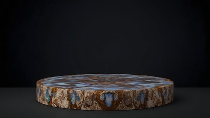 Round wooden podium with iridescent blue and brown marbled inlay on dark background