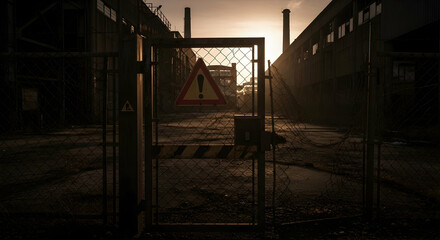 Dangerous Place Industrial Building Area Warning Sign With Sunset Background