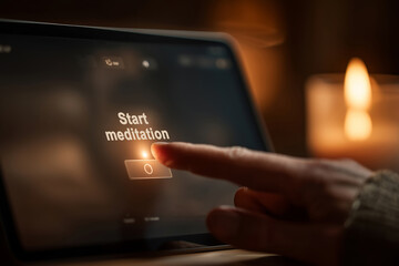 Tapping the start button for a mindful meditation practice in a serene setting