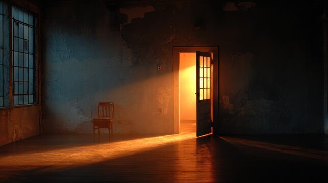 Soft golden light pours into a dimly lit room through an open door, casting shadows. A solitary chair sits empty facing the doorway, creating an intriguing atmosphere during twilight.