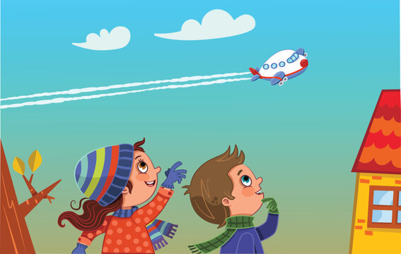 Children Watching an Airplane - Cute Cartoon Vector Scene