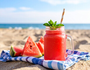 Refreshing watermelon smoothie in a glass jar with mint leaves on a beach setting