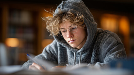 A focused teen boy with curly hair wearing a hoodie is examining heart rate data while seated at a study table. The ambiance is calm, perfect for concentration and learning.