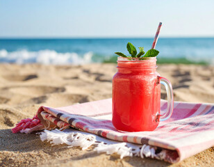 Refreshing summer beverage in a glass jar on sandy beach with ocean waves in the background