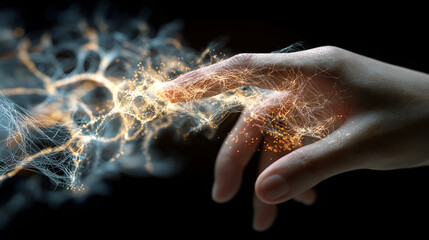 Energy Touch: A hand extends, with glowing energy sparks emanating from the fingertip against a dark backdrop, inviting viewers to contemplate the potential of human touch.