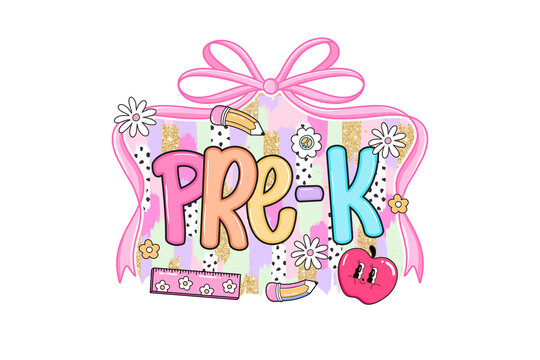 A colorful pre-k lettering with apple, pencils, and Bow Back to School Sublimation Design  