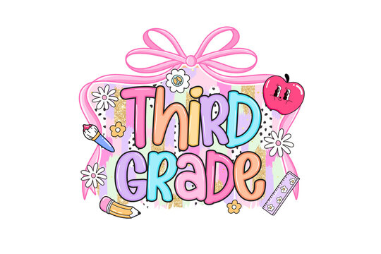 Third grade lettering with apple, pencils, and Flowers Back to School Sublimation Design  