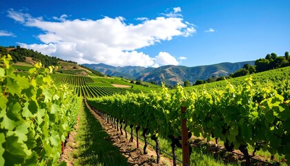 Naklejka premium Lush vineyard landscape under a vibrant sky